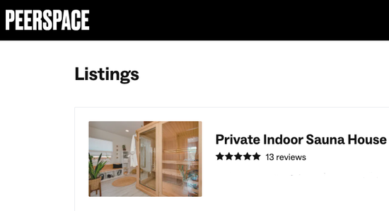 Private indoor sauna house listing with 5 star reviews on the Peerspace platoform